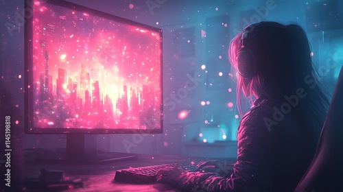 Glowing glitch photo effect on a computer monitor with distorted images and neon light flickers