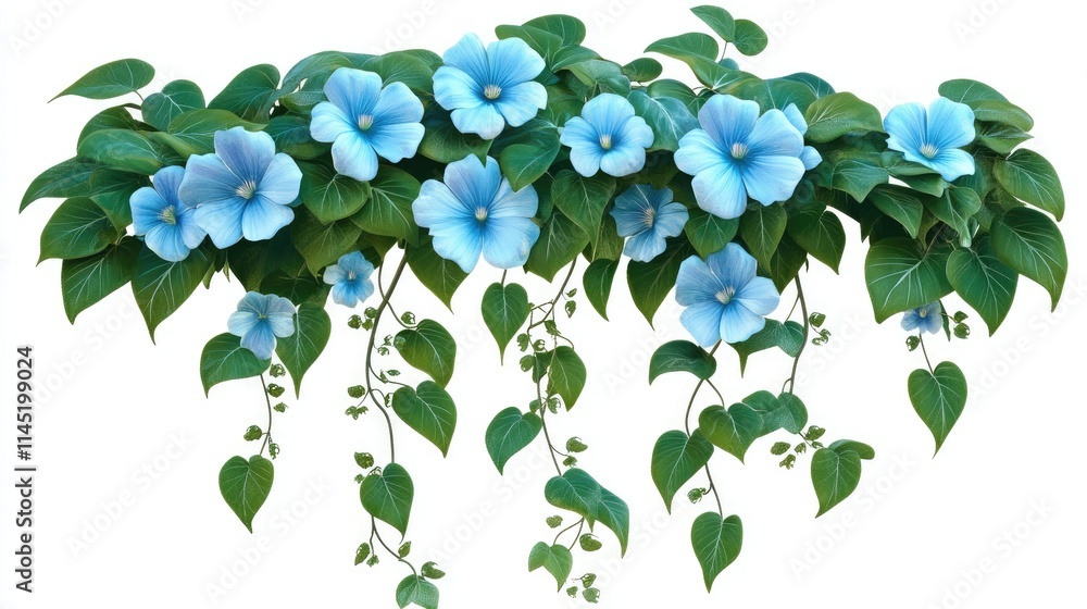 Elegant Blue Floral Arrangement with Lush Green Leaves and Vines Elegant Blue Floral Arrangement with Lush Green Leaves and Vines