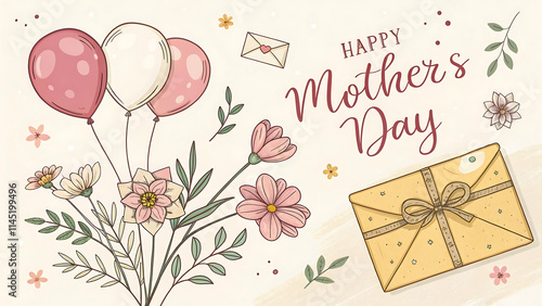 Mothers day horizontal billboard or web banner with realistic 3d pink tulips, gift box and golden text on pink background. Floral festive elegant wallpaper. Vector illustration
 photo