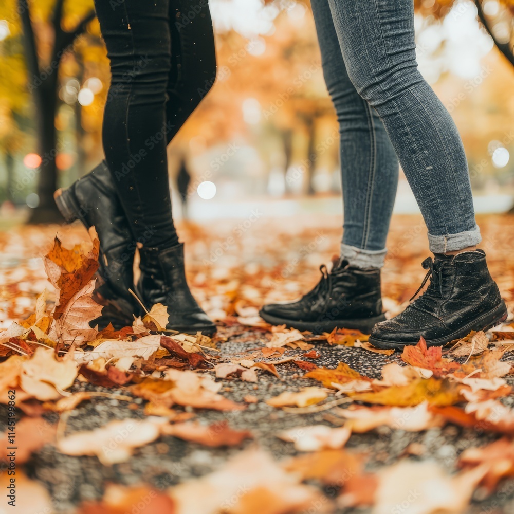 Two pairs of boots on a leaf-covered path in autumn. Two pairs of boots on a leaf-covered path in autumn.