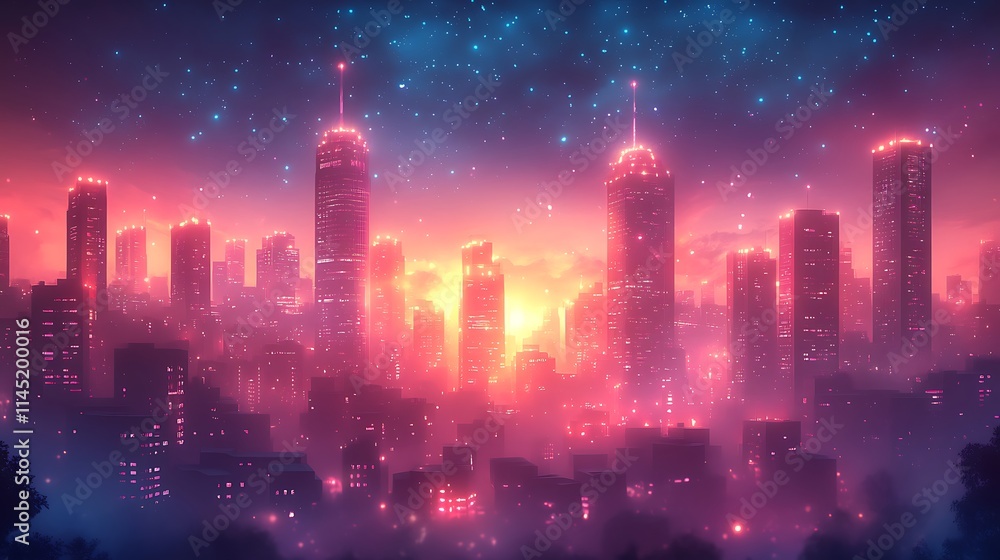 Glowing glitch effect on a futuristic cityscape at night with bright neon distortions surrounding the buildings Glowing glitch effect on a futuristic cityscape at night with bright neon distortions surrounding the buildings