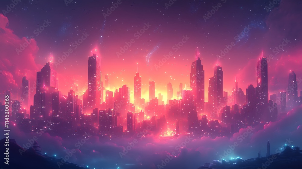Glowing glitch effect on a futuristic cityscape at night with bright neon distortions surrounding the buildings Glowing glitch effect on a futuristic cityscape at night with bright neon distortions surrounding the buildings