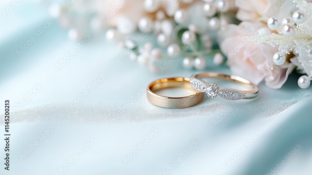Wedding rings and flowers on blue silk. Wedding rings and flowers on blue silk.