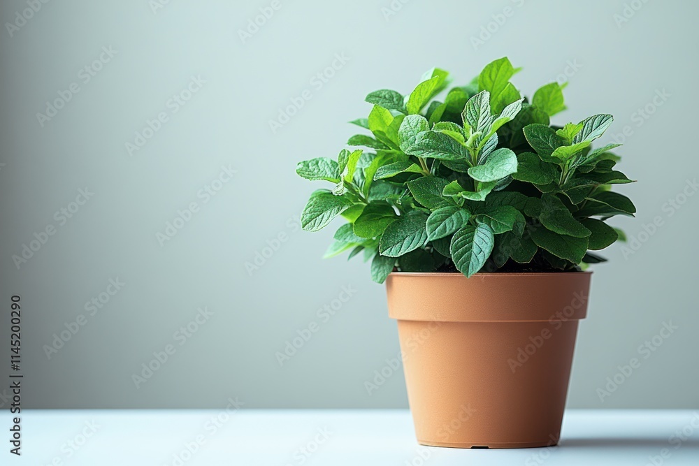 Fototapeta premium Lush green mint plant in a terracotta pot against a light grey background.
