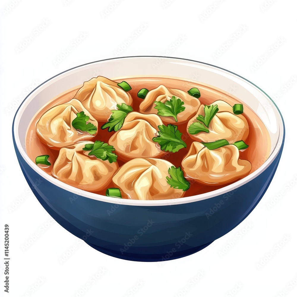 Chinese wonton soup national cuisine dish isolated on white background, colorful cartoon illustration Chinese wonton soup national cuisine dish isolated on white background, colorful cartoon illustration
