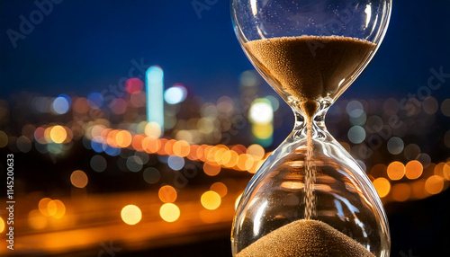 Hourglass in close and cosmopolitan city at nignt in the background with vivid colors and long exposure.