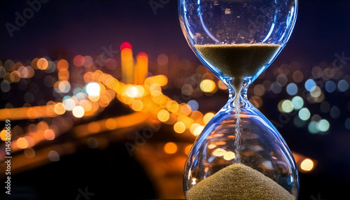 Hourglass in close and cosmopolitan city at nignt in the background with vivid colors and long exposure.