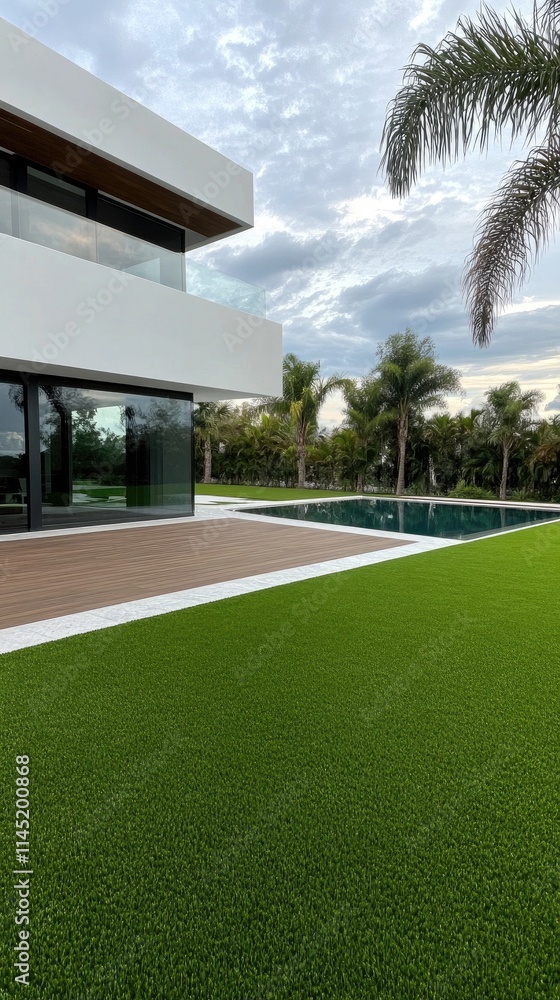 A vibrant green lawn stretches in front of a modern home, with well-maintained shrubs and trees, basking in the warm glow of the evening sun. A vibrant green lawn stretches in front of a modern home, with well-maintained shrubs and trees, basking in the warm glow of the evening sun.