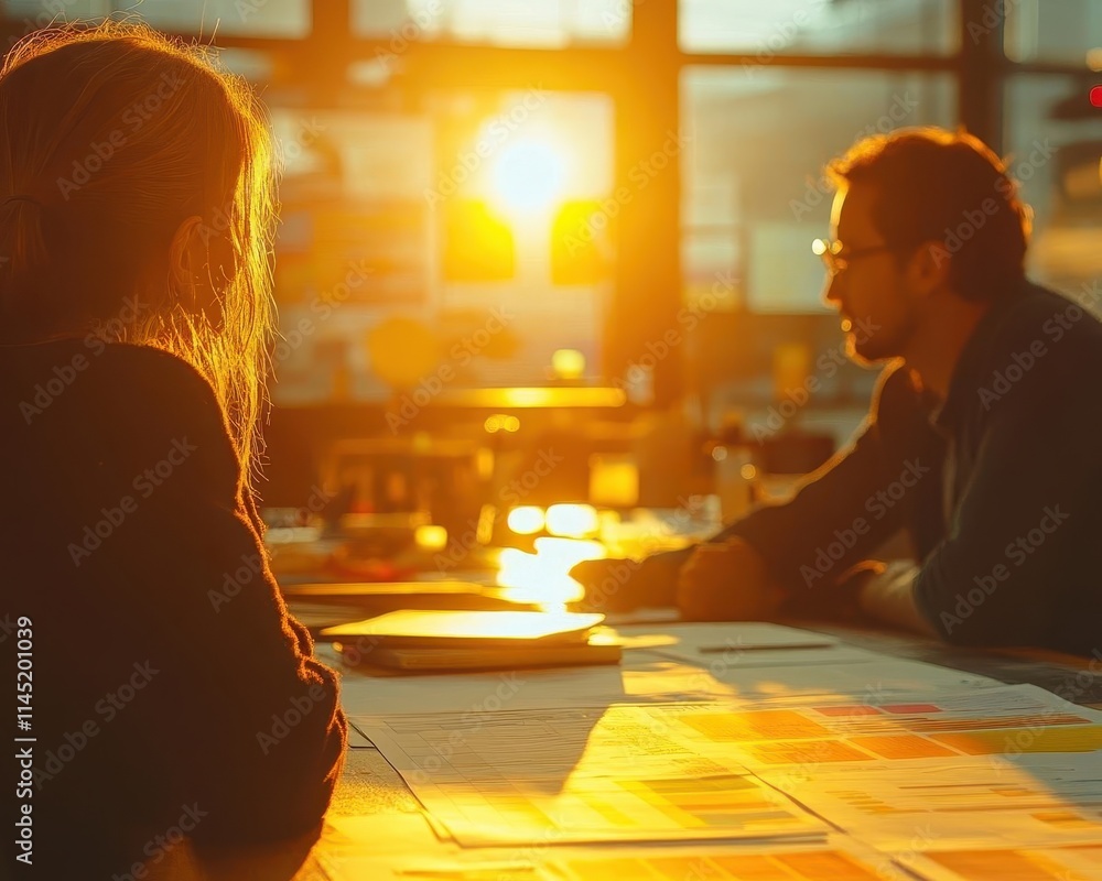 A business development manager discussing plans with their team in a sunlit workspace, light highlighting charts and notebooks A business development manager discussing plans with their team in a sunlit workspace, light highlighting charts and notebooks