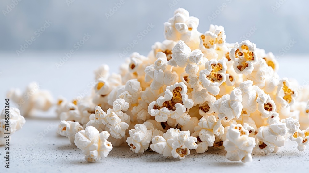 A large pile of freshly popped popcorn on a light gray surface. A large pile of freshly popped popcorn on a light gray surface.