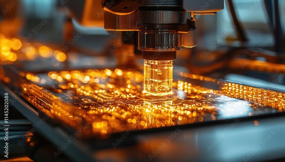A closeup of glowing circuit boards being assembled in a sunny lab, light emphasizing the intricate details A closeup of glowing circuit boards being assembled in a sunny lab, light emphasizing the intricate details