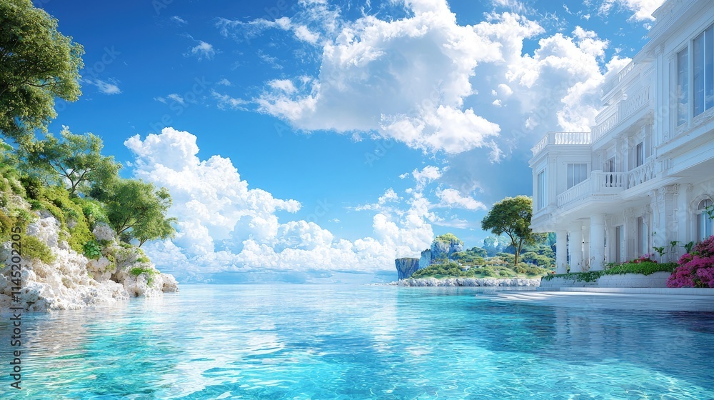 Obraz premium Luxurious seaside villa with infinity pool, clear water, and scenic view.
