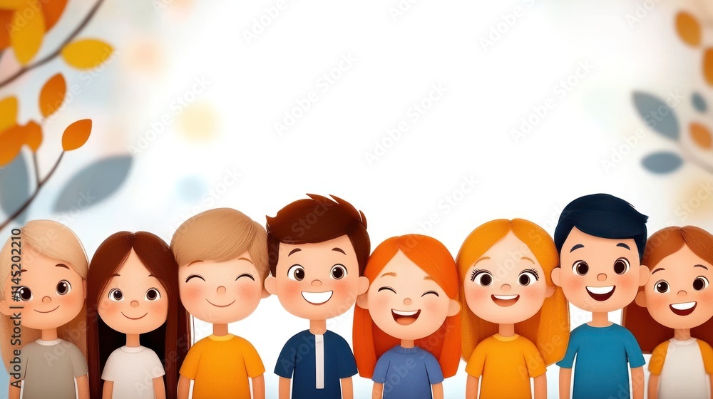 A group of cheerful cartoon children smiling together against a light background. A group of cheerful cartoon children smiling together against a light background.