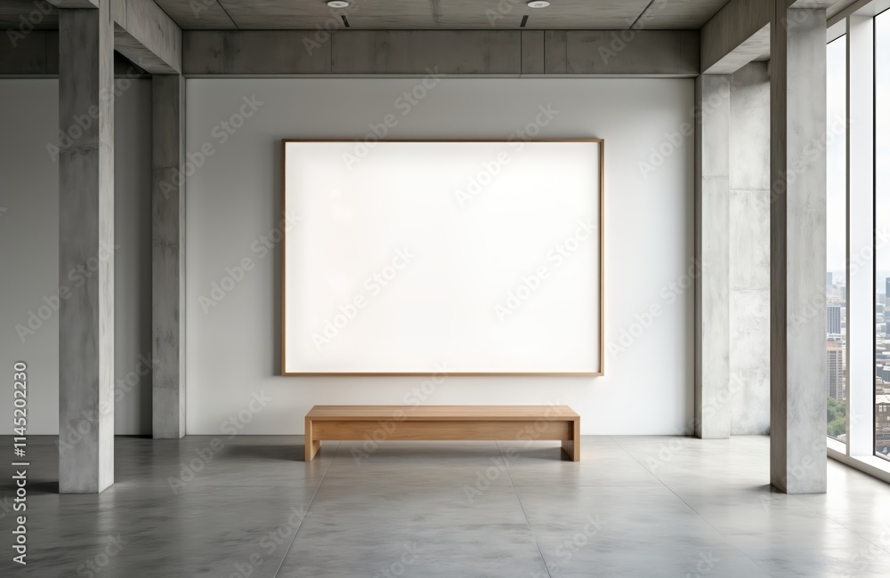 Empty art gallery interior. Modern gallery space with minimalist white billboard on plain wall. Wooden bench stands in area. City view visible through large windows. Contemporary design offers blank