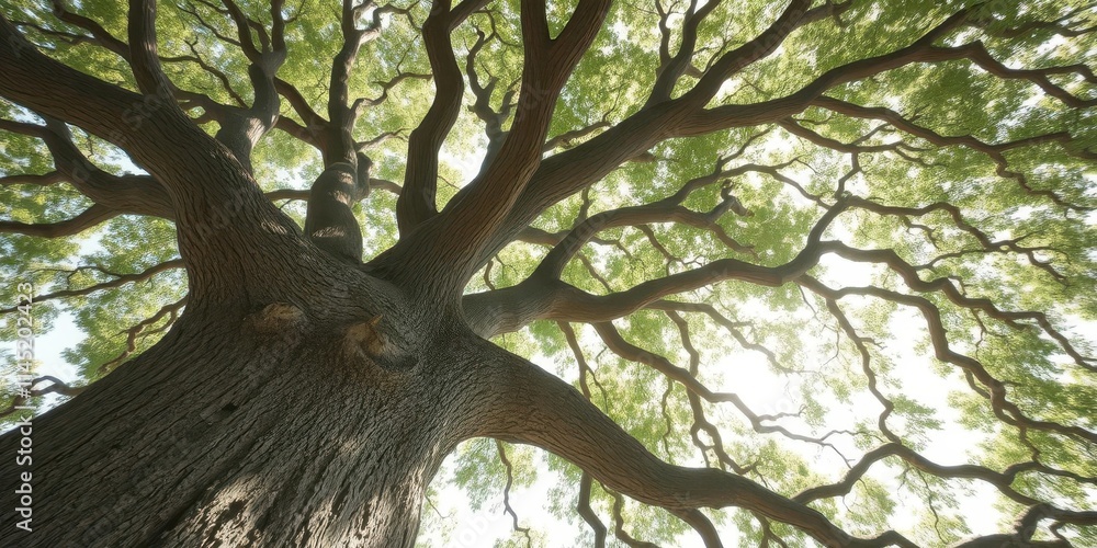 Fototapeta premium Ancient live oak, branches reaching skyward, sunlight dappled leaves, environment, forest