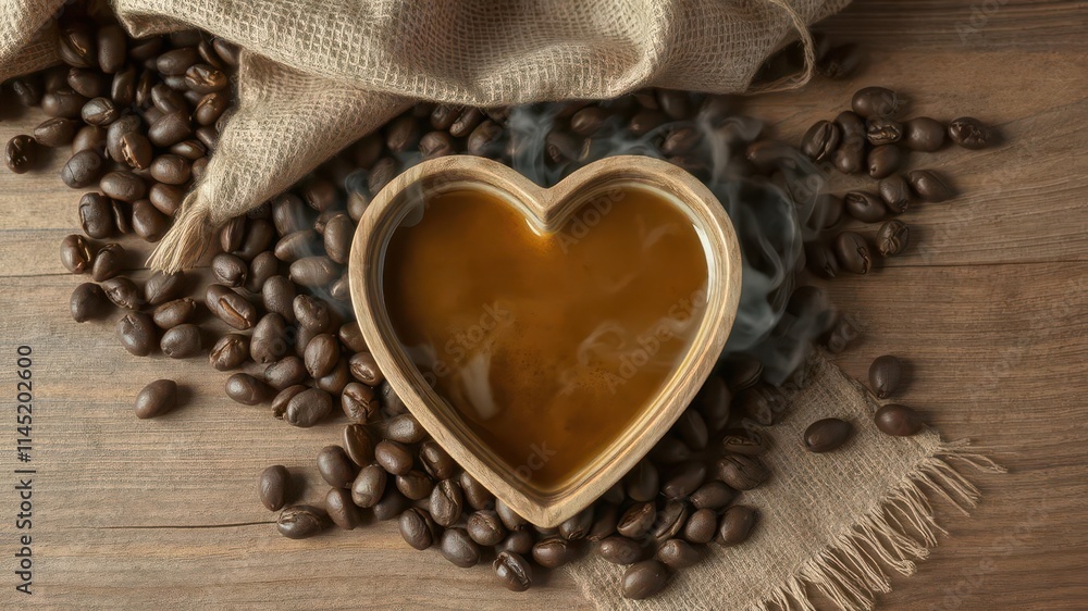 Aromatic coffee, heart-shaped steam, burlap, beans, wood, roast, brown, morning Aromatic coffee, heart-shaped steam, burlap, beans, wood, roast, brown, morning