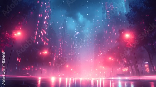 Glowing glitch effect on a cyberpunk street scene with neon light streaks and digital static distorting the image