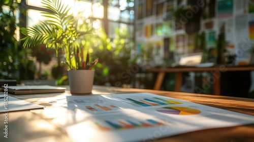 A creative professional presenting branding strategies in a sunlit conference room, the light highlighting colorful materials photo