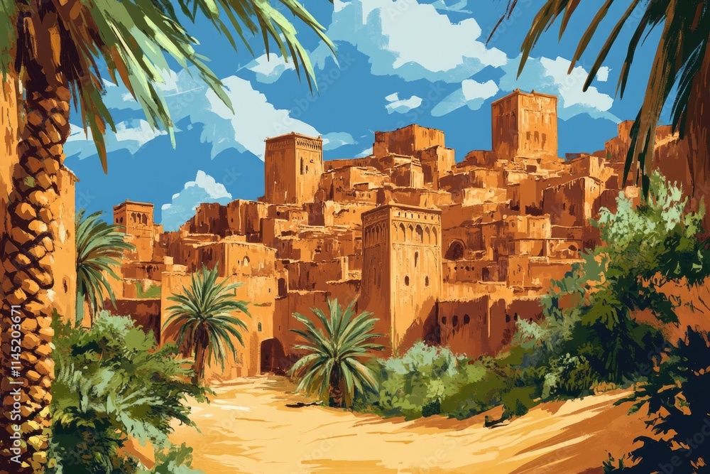 Obraz premium Aerial View of Kasbah Ait Ben Haddou: A Majestic Moroccan Fortress in the Atlas Mountains