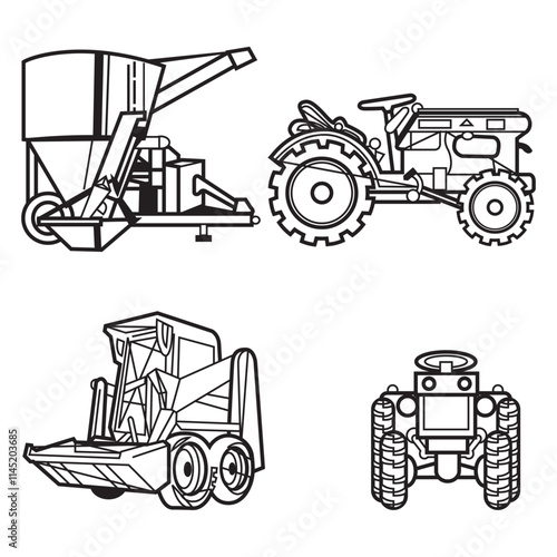 abstract Hand walk-behind farm tractors set vector design illustration