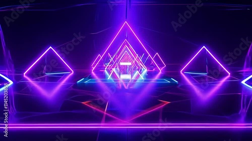 Journey through a high-tech neon world. Neon lights, mist, and sci-fi structures surround mysterious 3D objects and holograms in a cybernetic landscape. data, vortex, cyber.