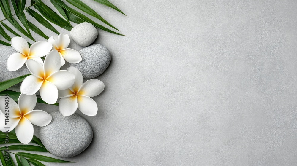 An elegant display featuring smooth stones in various shades, delicate white tropical flowers with yellow centers, and bamboo, creating a serene atmosphere perfect for relaxation An elegant display featuring smooth stones in various shades, delicate white tropical flowers with yellow centers, and bamboo, creating a serene atmosphere perfect for relaxation