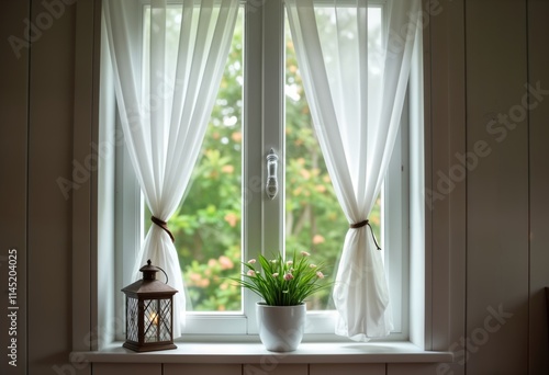 Wallpaper Mural White window with sheer curtains in rustic wooden house. Small plant with pink flowers, lantern on windowsill. Calm atmosphere. Exterior view of green trees, bushes. Spring summer scene. Interior Torontodigital.ca