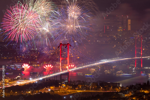 ISTANBUL, TURKEY. New Year 2024 Celebrations Around the Istanbul. Fireworks with Istanbul Bosphorus Bridge (15th July Martyrs Bridge). Camlica Hill very nice view Uskudar, Istanbul when time 00:00
