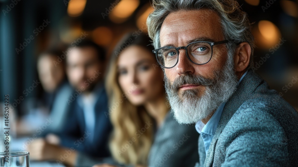 A group of professionals engaged in a meeting, with a focus on one thoughtful man. A group of professionals engaged in a meeting, with a focus on one thoughtful man.