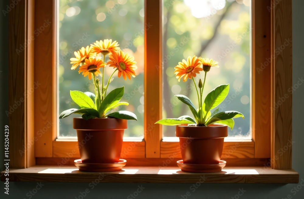 Two potted plants with vibrant flowers enjoy the gentle sunlight on a wooden windowsill, enhancing the room's atmosphere with natural beauty and freshness Two potted plants with vibrant flowers enjoy the gentle sunlight on a wooden windowsill, enhancing the room's atmosphere with natural beauty and freshness