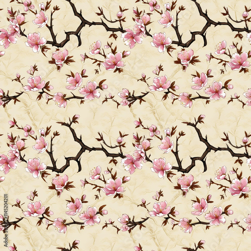 Wallpaper Mural Floral seamless pattern with pink magnolia flowers on beige background for textile design, copy space Torontodigital.ca