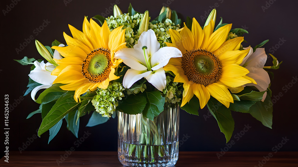 Fototapeta premium A classic sunflower bouquet featuring two large yellow blooms white lilies and vibrant greenery in a crystal vase.