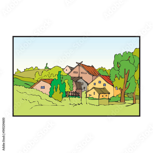 isometric farm with mills barn and silo hay fence and street lamp isolated illustration