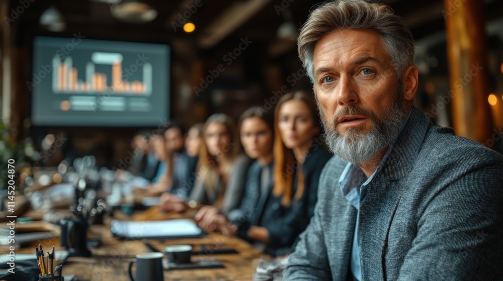 A group of professionals in a meeting, focused on a presentation with charts. A group of professionals in a meeting, focused on a presentation with charts.