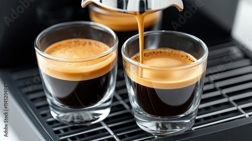 Freshly brewed espresso flows into two clear glasses, showcasing layers of rich crema and dark coffee, set against a modern kitchen counter bathed in natural light