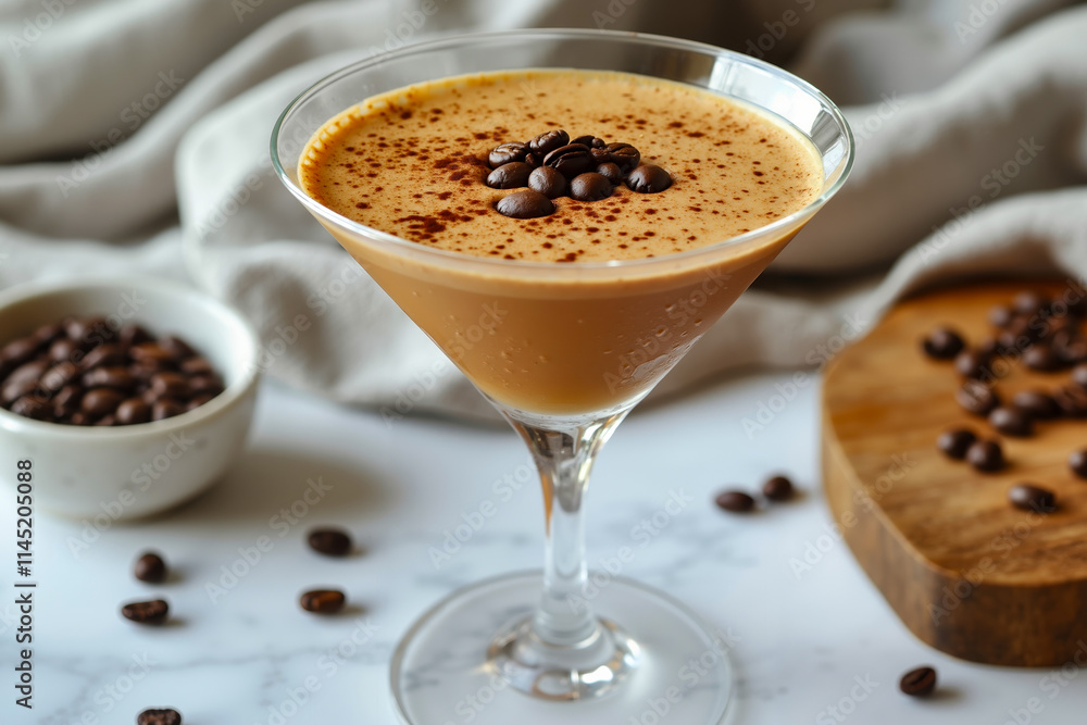 A martini glass filled with coffee beans on top of a table A martini glass filled with coffee beans on top of a table