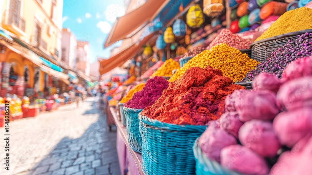 Fototapeta premium Vibrant spice market with colorful baskets of spices and a lively atmosphere.
