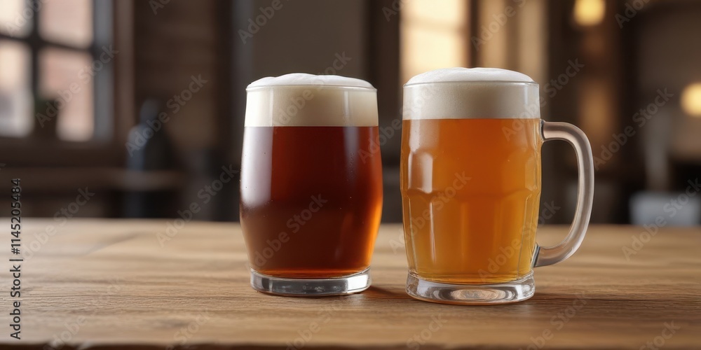 Full pint of beer in ceramic mug, wooden table, still life, wood Full pint of beer in ceramic mug, wooden table, still life, wood