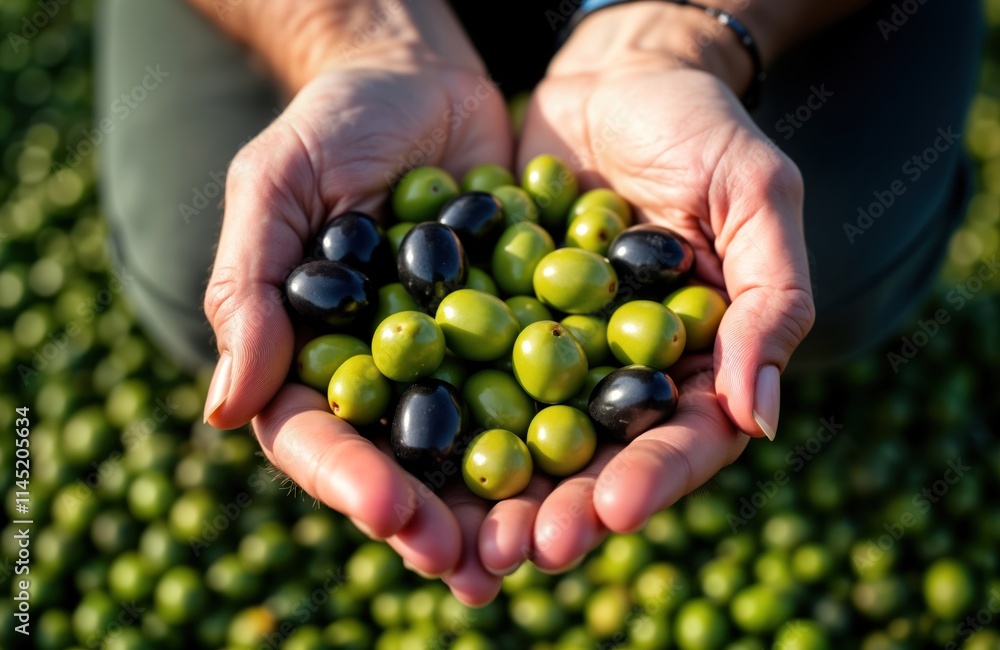 Farmer holds ripe olives in hands ready for processing. Green, black olives harvested in field. Mediterranean agriculture scene. Fresh healthy fruit in hand. Organic produce concept. Food, beverage Farmer holds ripe olives in hands ready for processing. Green, black olives harvested in field. Mediterranean agriculture scene. Fresh healthy fruit in hand. Organic produce concept. Food, beverage