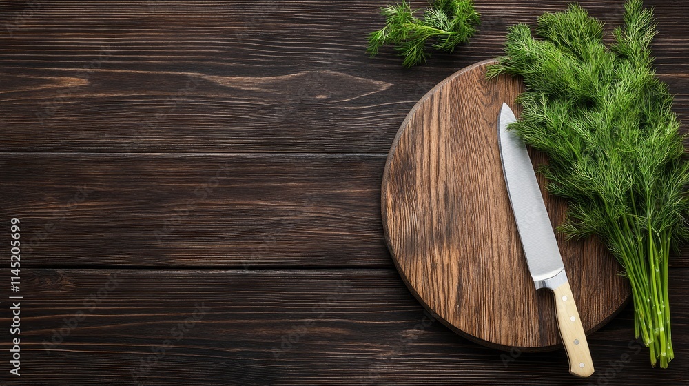 Bright green dill rests beside a sharp knife on a circular wooden cutting board. The warm tones of the rustic kitchen background create an inviting culinary atmosphere Bright green dill rests beside a sharp knife on a circular wooden cutting board. The warm tones of the rustic kitchen background create an inviting culinary atmosphere