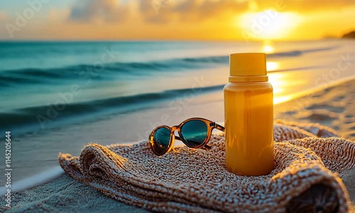 A yellow bottle and sunglasses on a towel by the beach at sunset, symbolizing relaxation and sun protection.