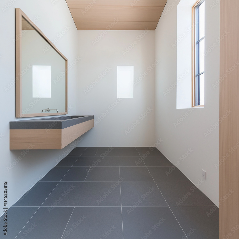 Fototapeta premium A Serene Japanese-Inspired Bathroom with Narrow Window Views