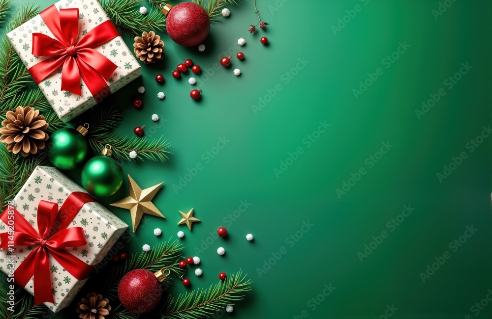 Christmas concept photo shows gift boxes with red ribbons, green baubles on vibrant green background with fir branches pine cones mistletoe berries, snow. Top view layout. Luxury festive decor Christmas concept photo shows gift boxes with red ribbons, green baubles on vibrant green background with fir branches pine cones mistletoe berries, snow. Top view layout. Luxury festive decor