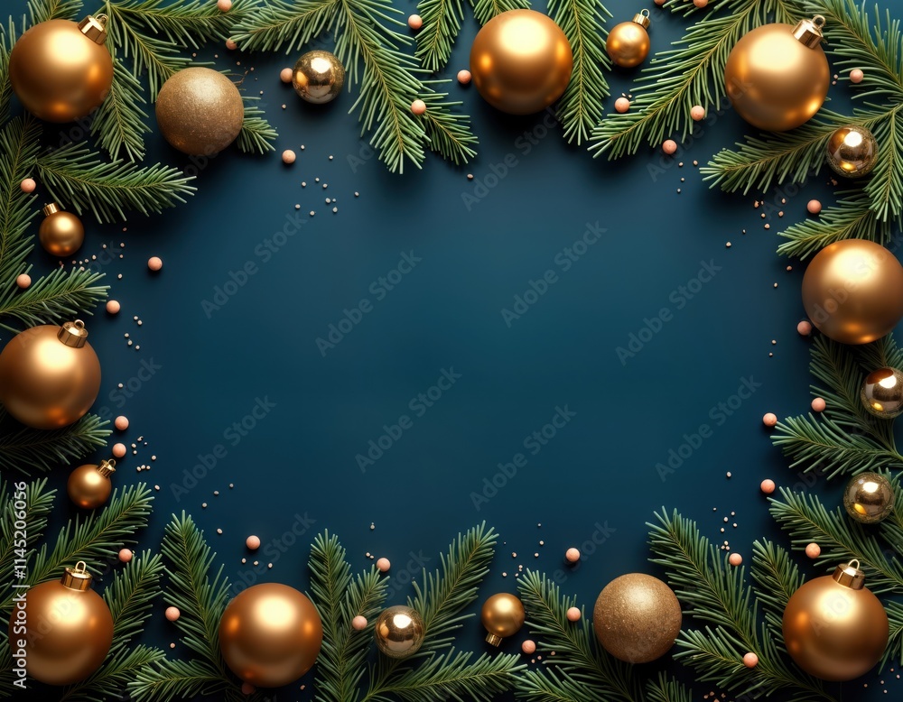 Luxury Christmas card design. Gold baubles, fir branches form frame on dark blue background. Festive decorations create chic, elegant holiday composition. Top view of ornaments, green plants. Ideal Luxury Christmas card design. Gold baubles, fir branches form frame on dark blue background. Festive decorations create chic, elegant holiday composition. Top view of ornaments, green plants. Ideal