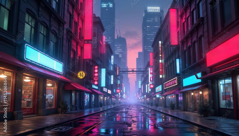 Deserted cyberpunk city street at night. Neon lights illuminate shops and skyscrapers. Empty street. Futuristic architecture. Urban landscape. Oriental style. Rainy night. No people. Deserted cyberpunk city street at night. Neon lights illuminate shops and skyscrapers. Empty street. Futuristic architecture. Urban landscape. Oriental style. Rainy night. No people.