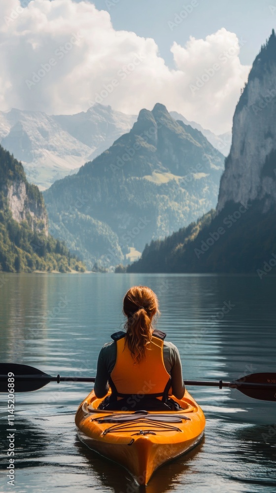 beautiful woman on her back in a kayak on a large lake surrounded by mountains with copy space vertically 9:16 beautiful woman on her back in a kayak on a large lake surrounded by mountains with copy space vertically 9:16