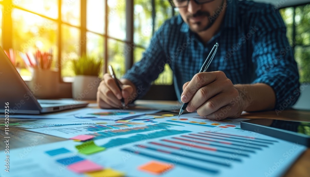 A marketing manager brainstorming on a whiteboard in a sunny room, surrounded by vibrant sticky notes and charts A marketing manager brainstorming on a whiteboard in a sunny room, surrounded by vibrant sticky notes and charts