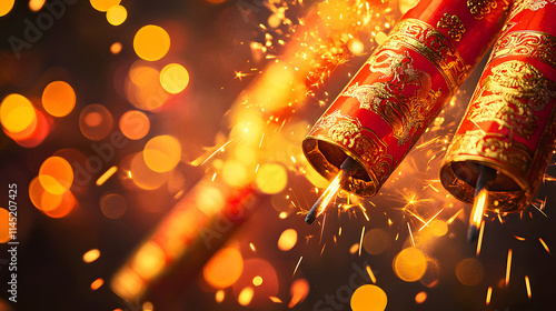 Vibrant, festive scene featuring bright red firecrackers and copy space. Chinese New Year background photo