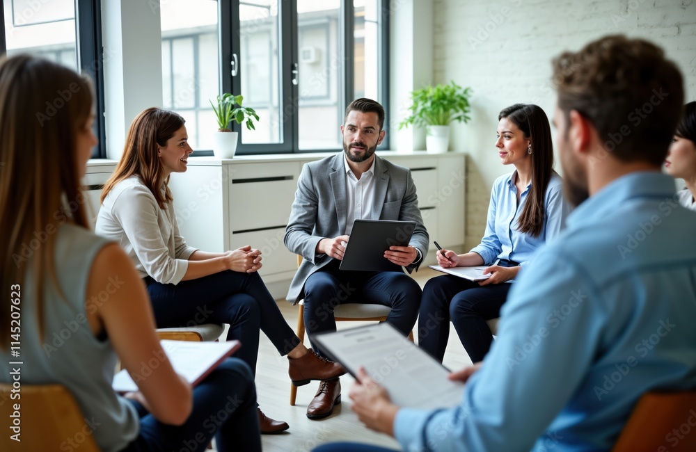 Business team members sit in circle discussing business training, coaching. People focused, engaged in conversation, brainstorming ideas. Taking notes during meeting in office. Pro, collaborative Business team members sit in circle discussing business training, coaching. People focused, engaged in conversation, brainstorming ideas. Taking notes during meeting in office. Pro, collaborative