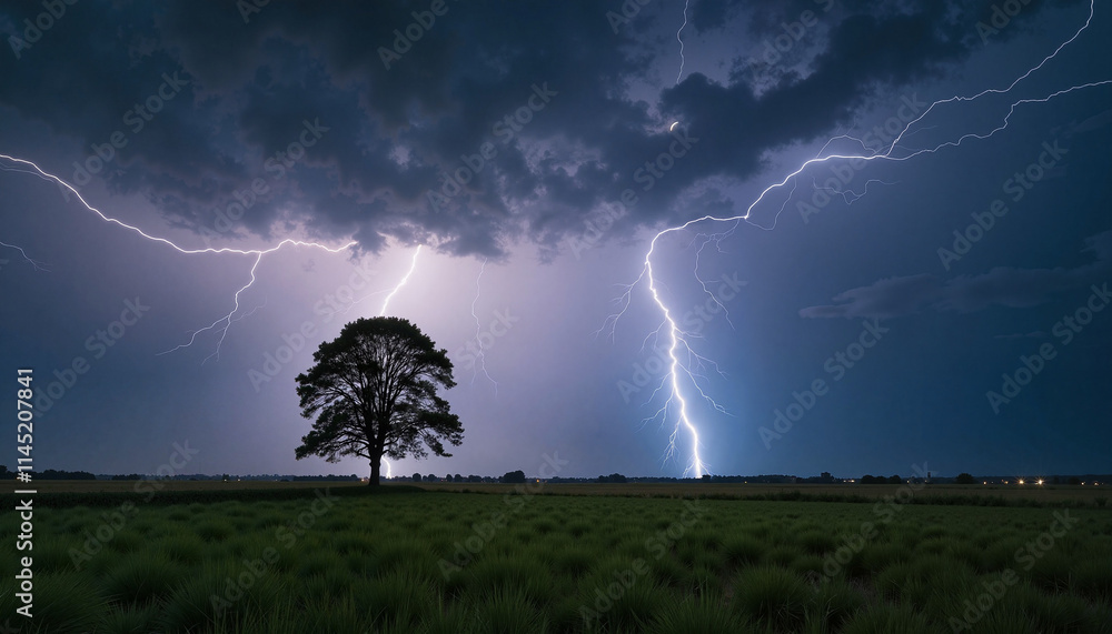 Lightning strikes illuminating lone tree on stormy night. Lightning strikes illuminating lone tree on stormy night.